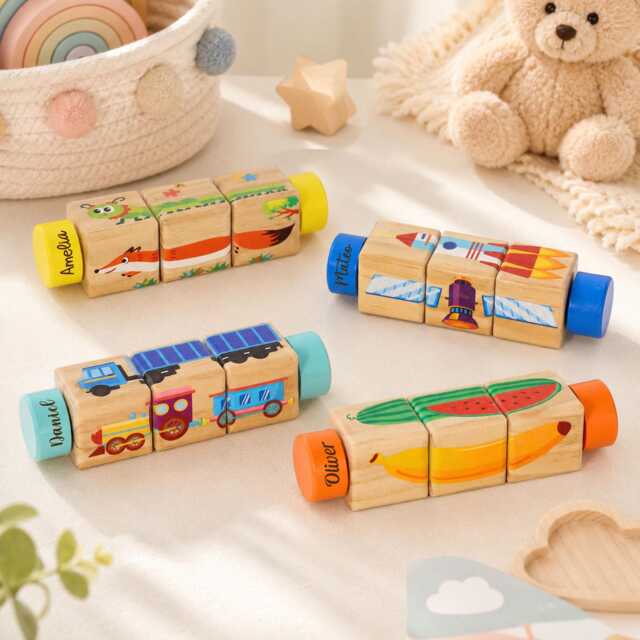 Personalized Wooden Rotating Puzzle Blocks, Custom Name Montessori Toy, Toddler Learning Gift, Animal Vehicle Fruit Block Set - image 1