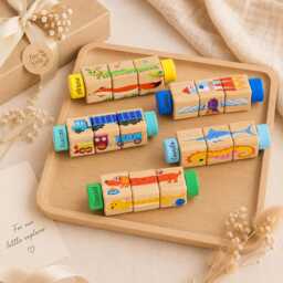 Personalized Wooden Rotating Puzzle Blocks, Custom Name Montessori Toy, Toddler Learning Gift, Animal Vehicle Fruit Block Set - thumbnail 4