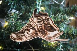 Personalised Running Shoes Christmas Ornament Fan Fitness Marathon Custom Bauble Engraved Rustic Wooden Tree Decoration