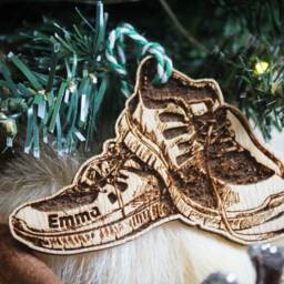Personalised Running Shoes Christmas Ornament Fan Fitness Marathon Custom Bauble Engraved Rustic Wooden Tree Decoration - thumbnail 3