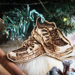 Personalised Running Shoes Christmas Ornament Fan Fitness Marathon Custom Bauble Engraved Rustic Wooden Tree Decoration - thumbnail 2