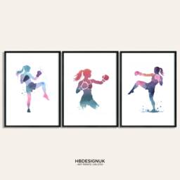 Girl Kickboxing Poster Set - 3 Kickboxer Prints - Women's Boxing Colourful Sport Wall Art Home Gym Decor Instructor Teacher Gift - thumbnail 2