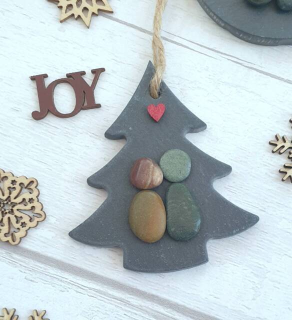 Christmas Tree Ornament, Pebble Art Gift For Wife, Slate Decoration, Unique Xmas Mum & Dad, 1st Mini 7cm/2.7Inch - image 1