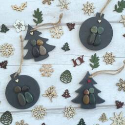 Christmas Tree Ornament, Pebble Art Gift For Wife, Slate Decoration, Unique Xmas Mum & Dad, 1st Mini 7cm/2.7Inch - thumbnail 2