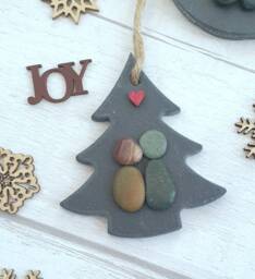 Christmas Tree Ornament, Pebble Art Gift For Wife, Slate Decoration, Unique Xmas Mum & Dad, 1st Mini 7cm/2.7Inch