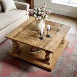 Square Reclaimed Wood Coffee Table With Shelf Rustic Farmhouse Storage Design - thumbnail 2