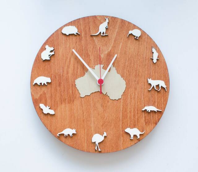 Australia Animals Clock - Wooden Map Kangaroo Koala Kiwi Dingo Wall Clock Modern Wall - image 1