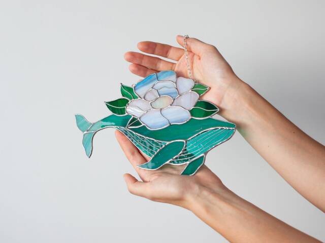 Mother's Gift Whale With Flowers Suncatcher Stain Glass Decor Turquoise Home House Window Wall Hangings Gift - image 1