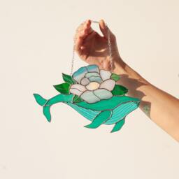Mother's Gift Whale With Flowers Suncatcher Stain Glass Decor Turquoise Home House Window Wall Hangings Gift - thumbnail 2