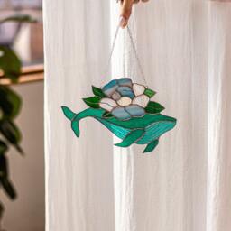 Mother's Gift Whale With Flowers Suncatcher Stain Glass Decor Turquoise Home House Window Wall Hangings Gift - thumbnail 4