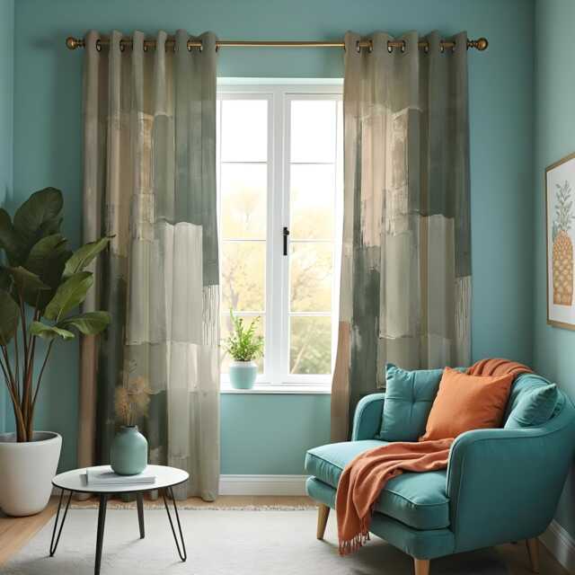 Green Abstract Curtains, Modern Brushstroke Pattern Drapes, Contemporary Living Room Window Panels, Made To Measure Home Decor - image 1