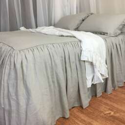 stone Grey Bedspread With Gathered Ruffle, Ruffled Bed Cover, Handmade in 100% Linen - thumbnail 3