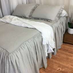 stone Grey Bedspread With Gathered Ruffle, Ruffled Bed Cover, Handmade in 100% Linen - thumbnail 2