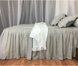 stone Grey Bedspread With Gathered Ruffle, Ruffled Bed Cover, Handmade in 100% Linen