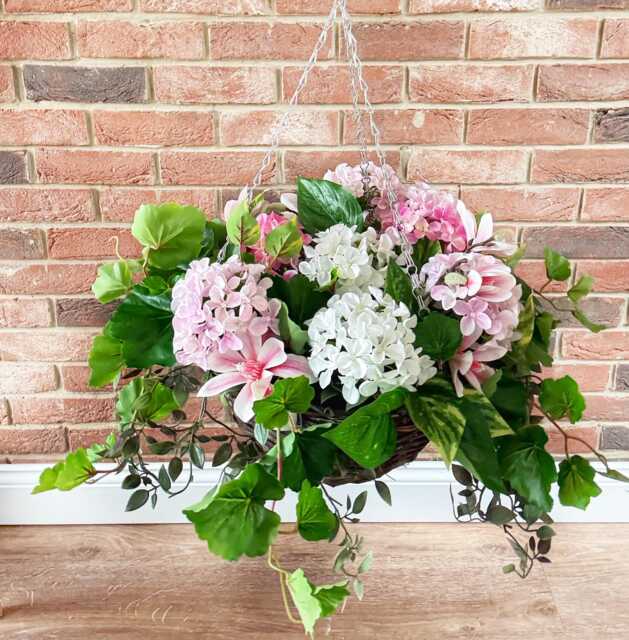 Handmade Pink White Hydrangea Hanging Basket - Faux Floral Porch Decor Alternative - image 1