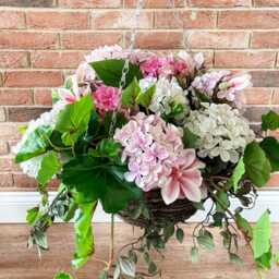Handmade Pink White Hydrangea Hanging Basket - Faux Floral Porch Decor Alternative - thumbnail 3