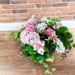 Handmade Pink White Hydrangea Hanging Basket - Faux Floral Porch Decor Alternative - thumbnail 2