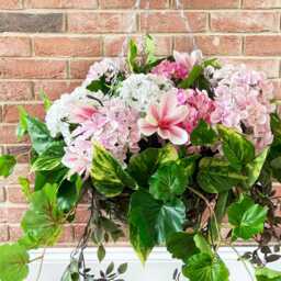 Handmade Pink White Hydrangea Hanging Basket - Faux Floral Porch Decor Alternative - thumbnail 4