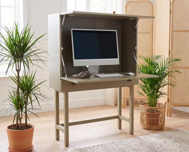 Mid Century Modern Secretary Desk - Dual Opening Fold Away Workspace With Drawer, Rattan - image 1