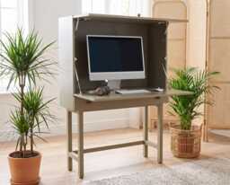 Mid Century Modern Secretary Desk - Dual Opening Fold Away Workspace With Drawer, Rattan
