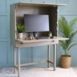 Mid Century Modern Secretary Desk - Dual Opening Fold Away Workspace With Drawer, Rattan - thumbnail 2