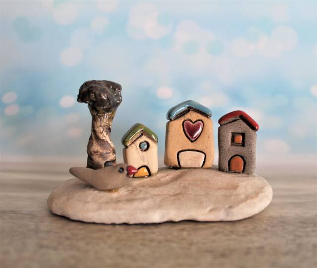 Small Ceramic Village Sculpture Handmade Clay Houses On Beach Stone - image 1