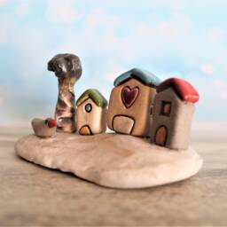 Small Ceramic Village Sculpture Handmade Clay Houses On Beach Stone - thumbnail 2