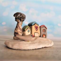 Small Ceramic Village Sculpture Handmade Clay Houses On Beach Stone - thumbnail 3