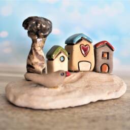 Small Ceramic Village Sculpture Handmade Clay Houses On Beach Stone - thumbnail 4