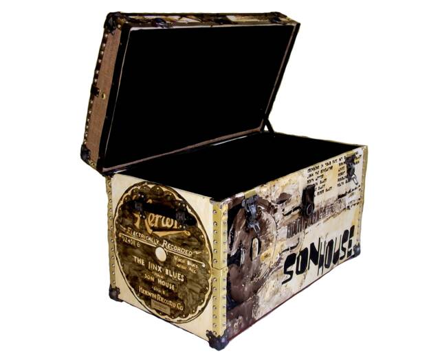 Coffee Table Trunk, Trunks, Steamer, Vintage Trunk Recovered Son House Tribute - image 1