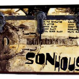 Coffee Table Trunk, Trunks, Steamer, Vintage Trunk Recovered Son House Tribute - thumbnail 3