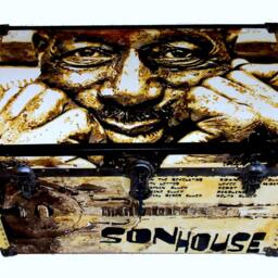 Coffee Table Trunk, Trunks, Steamer, Vintage Trunk Recovered Son House Tribute - thumbnail 2