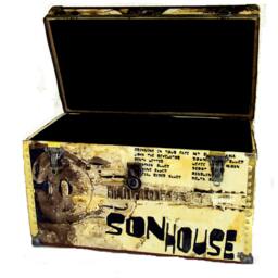Coffee Table Trunk, Trunks, Steamer, Vintage Trunk Recovered Son House Tribute - thumbnail 2