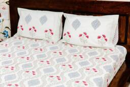 Poppy Fields - Hand Block Printed Cotton Bed Cover With Two Pillow Cases, Flat Sheet, King Size, Floral, Ethically Made, Handcrafted, White, Red - thumbnail 1