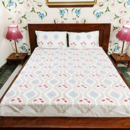 Poppy Fields - Hand Block Printed Cotton Bed Cover With Two Pillow Cases, Flat Sheet, King Size, Floral, Ethically Made, Handcrafted, White, Red - thumbnail 3