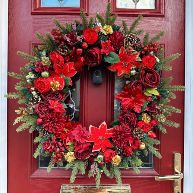 Extra Large 70cm Luxury Artificial Christmas Door Wreath With Peonies, Roses, Poinsettia, Berries, Baubles - Red, Gold & Green Winter - image 1