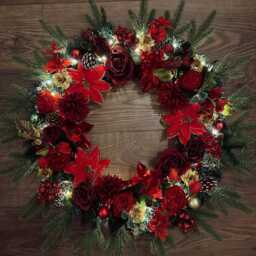 Extra Large 70cm Luxury Artificial Christmas Door Wreath With Peonies, Roses, Poinsettia, Berries, Baubles - Red, Gold & Green Winter - thumbnail 3