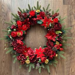 Extra Large 70cm Luxury Artificial Christmas Door Wreath With Peonies, Roses, Poinsettia, Berries, Baubles - Red, Gold & Green Winter - thumbnail 2