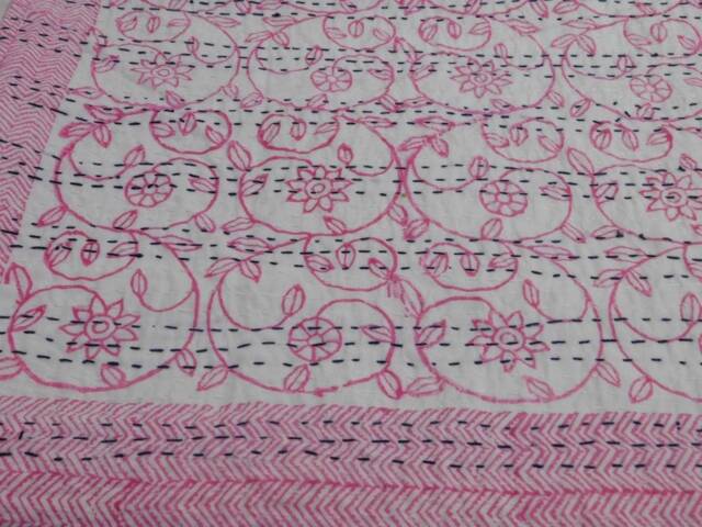 Handblock Cotton Kantha Quilt, Indian Bedspread Throw - image 1