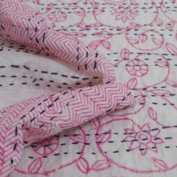 Handblock Cotton Kantha Quilt, Indian Bedspread Throw - thumbnail 3