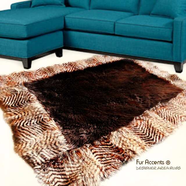 Brown Shag Faux Fur Area Rug - Feather Border, Usa Handmade