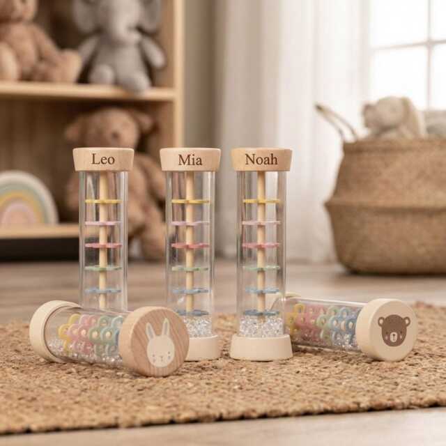 Personalised Wooden Rainmaker For Baby - Stick Rattle Newborn Sensory Toy - image 1