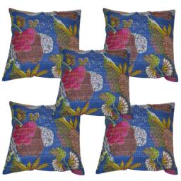 Indian Handmade Fruit Print Pillow Cover Decorative Cotton Hand Stitched Quilted Kantha Cushion Living Room Pillowcase Tropicana - thumbnail 1