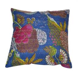 Indian Handmade Fruit Print Pillow Cover Decorative Cotton Hand Stitched Quilted Kantha Cushion Living Room Pillowcase Tropicana - thumbnail 2