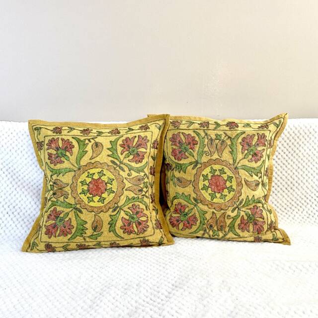Suzani Cotton Cushion/Pillow Cover Embroidered, 16 X 16 Mustard/Yellow, Details Floral Motif, Pillow Case, Floral Cushion - image 1
