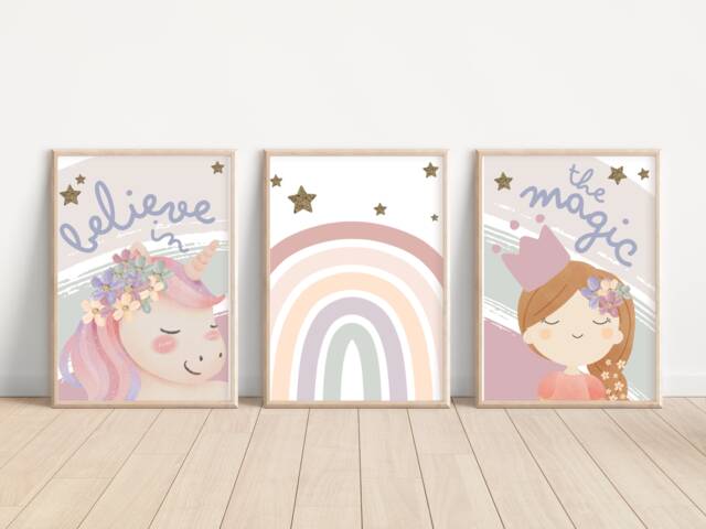 Set Of 3 Unicorn, Princess & Rainbow Prints. Perfect For A Girls Room, Nursery Or Playroom - Prints Only - image 1