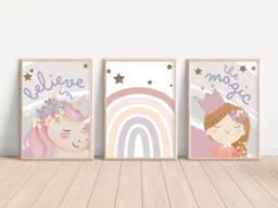 Set Of 3 Unicorn, Princess & Rainbow Prints. Perfect For A Girls Room, Nursery Or Playroom - Prints Only - thumbnail 1