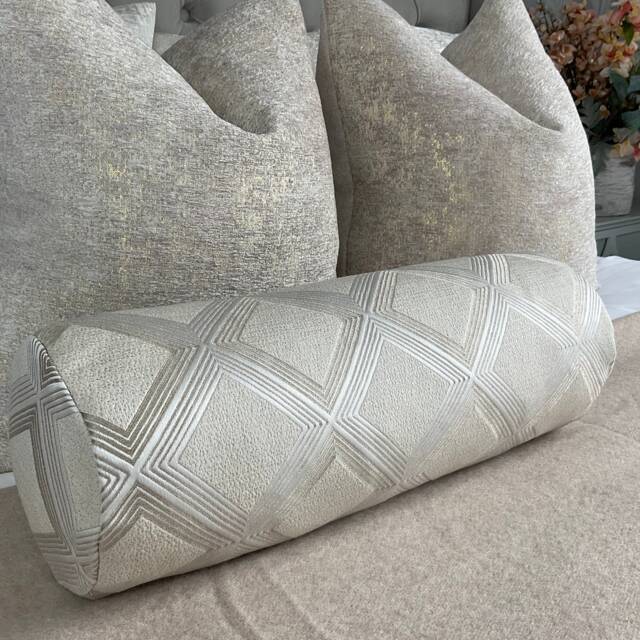 Luxury Bolster Cushion 16x6 - Bill Beaumont Fabric Calico Power Geometric Design Duck Feather Fill Handmade - image 1