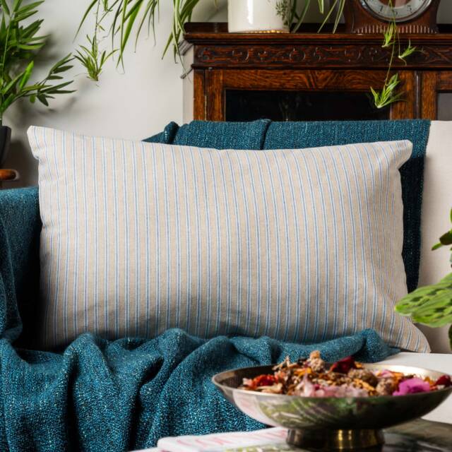 Linen Look Ticking Xl Rectangular Cushion Cover in Denim Blue. Traditional Nautical Inspired Striped Dainty Design. 23X15 - image 1