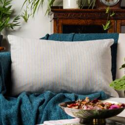 Linen Look Ticking Xl Rectangular Cushion Cover in Denim Blue. Traditional Nautical Inspired Striped Dainty Design. 23X15 - thumbnail 1